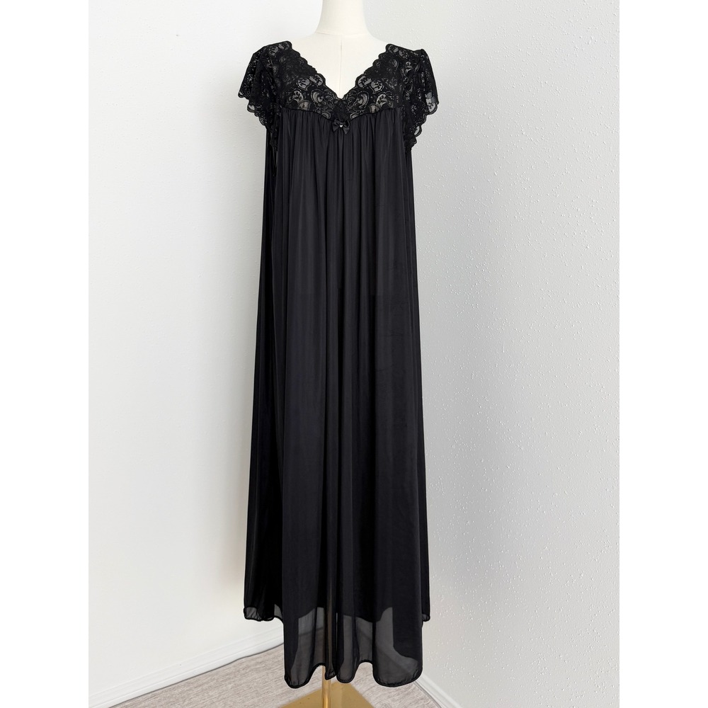 Vintage Shadowline Black Chiffon Lace Maxi Nightgown Goth Old Hollywood (3X)